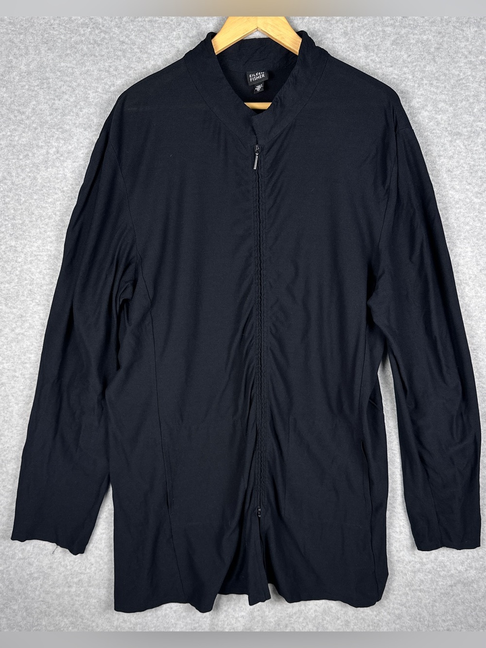 Eileen Fisher XL Black Washable Stretch Crepe Zip Front Long Jacket USA